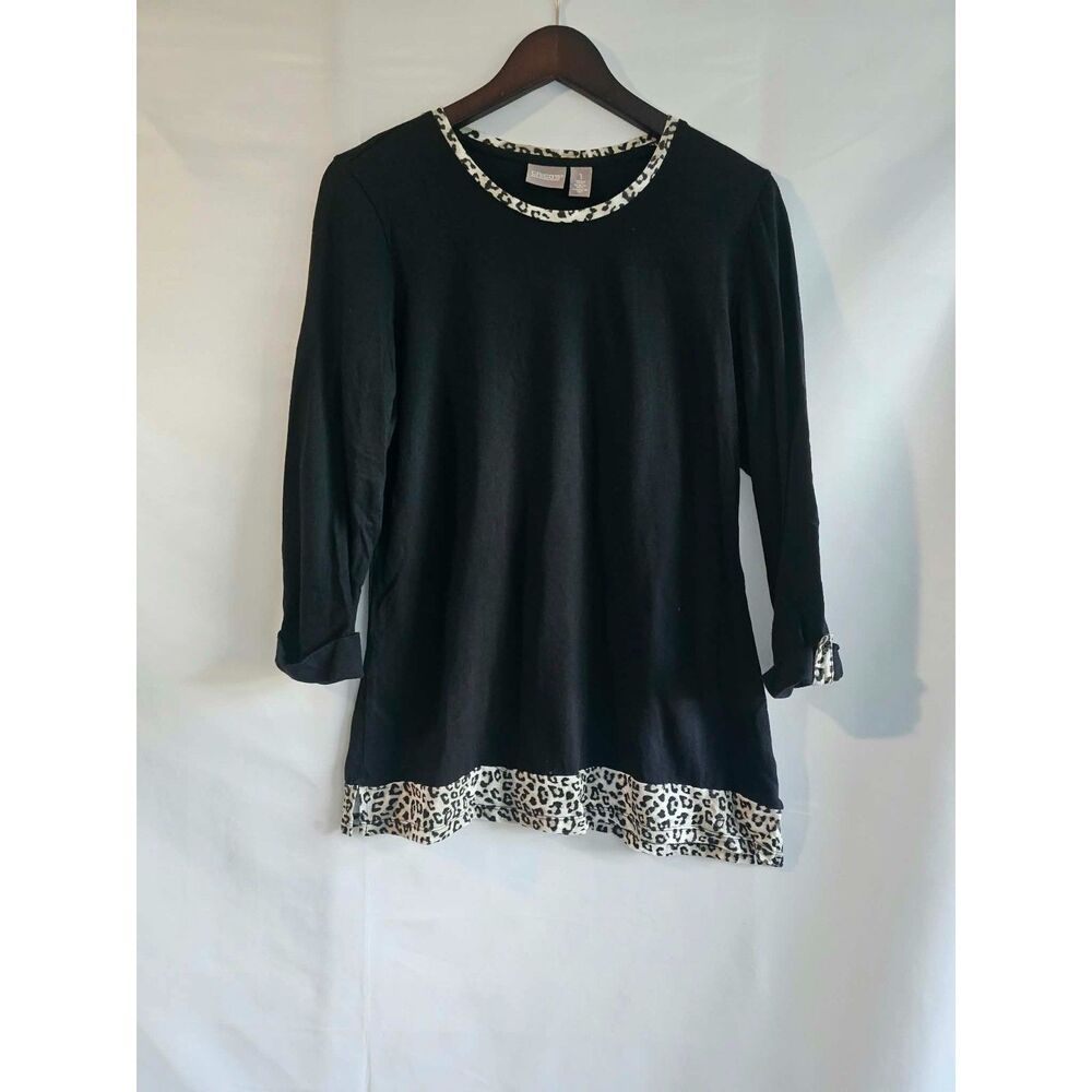 Chico’s Leopard Print Trim Black Tunic Top Size M